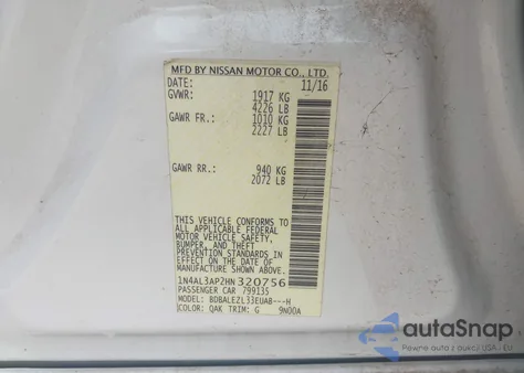 2017 Nissan Altima 2.5/S/Sv/Sl/Sr из США, поврежденный, VIN 1N4AL3AP2HN320756